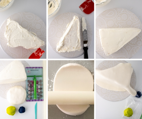 steps for frosting and adding fondant to cartoon cake