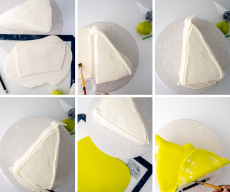 steps for covering cake slice with fondant