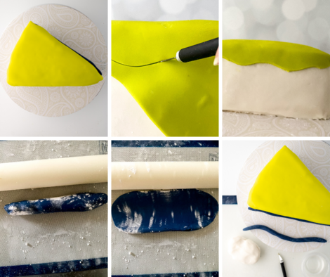 steps for covering comic cake slice with colored fondant