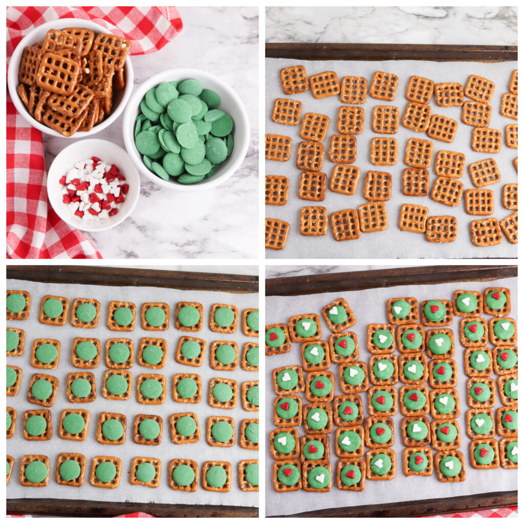 collage of steps on how to make grinch pretzel bites