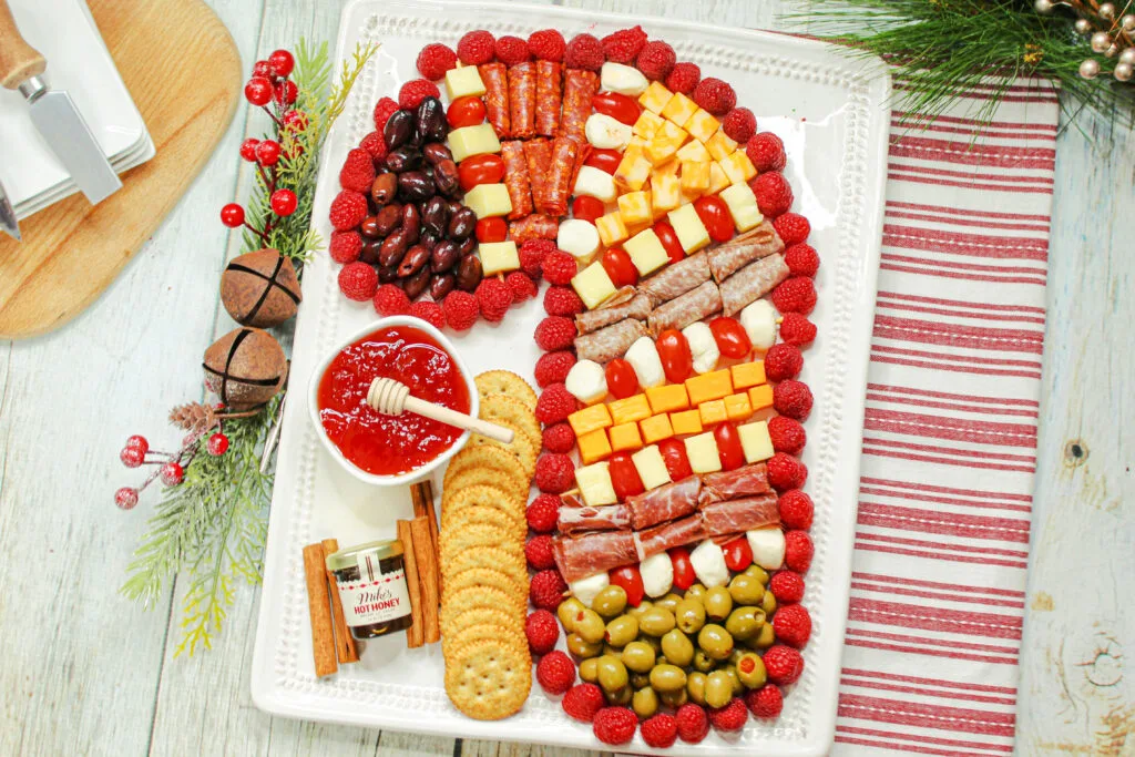 full view of a candy cane charcuterie board