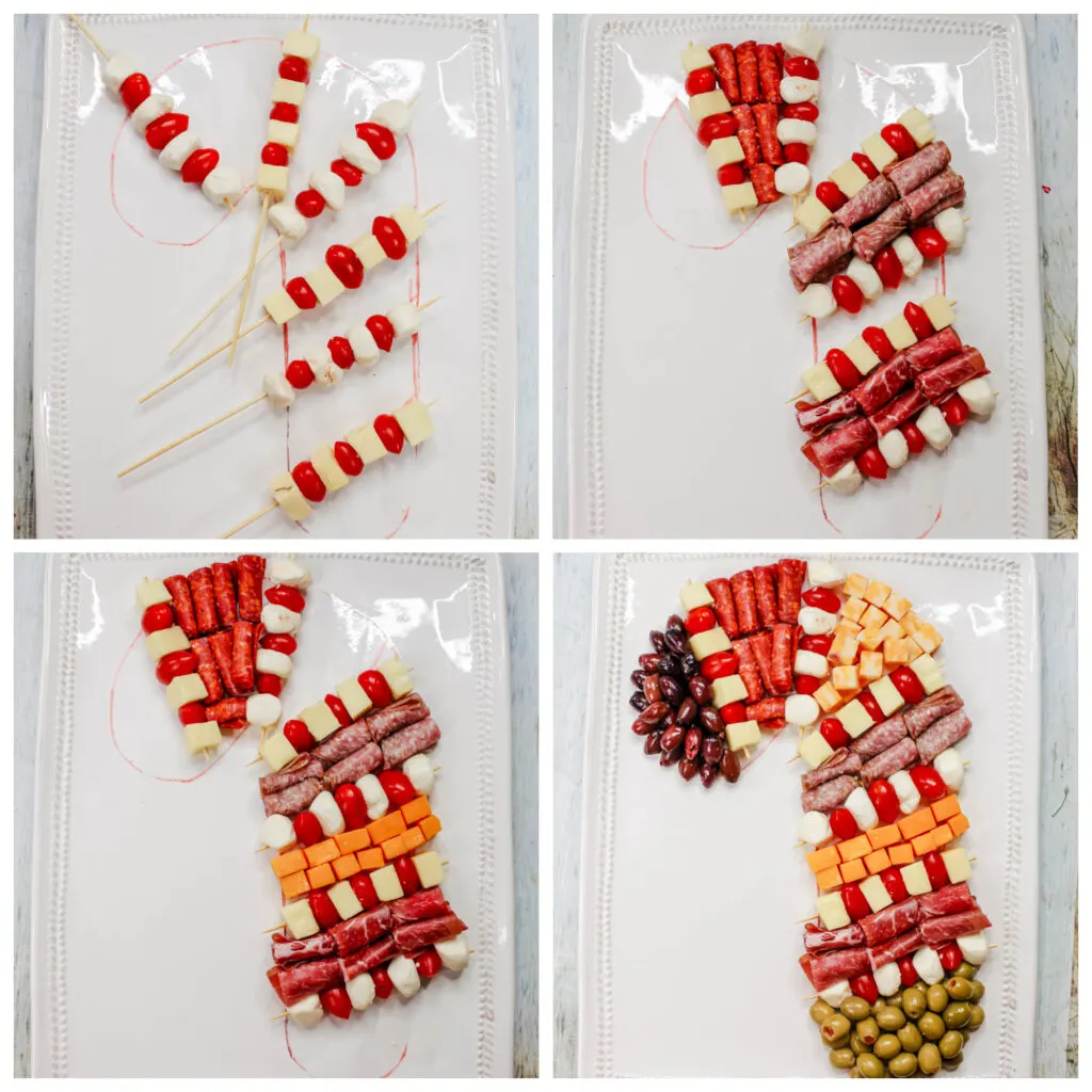 collage showing step-by-step instructions on how to make a candy cane charcuterie board