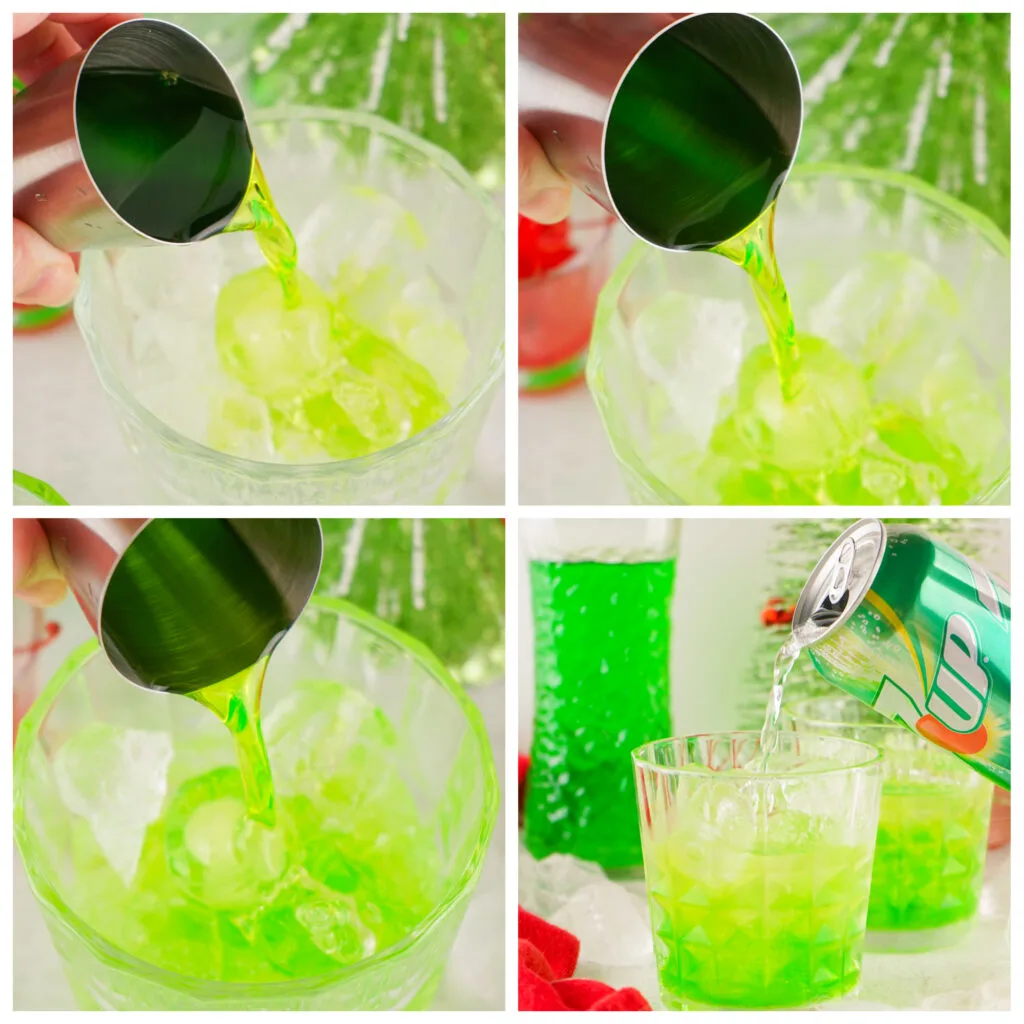 collage of steps on how to make a 3-ingredient grinch cocktail