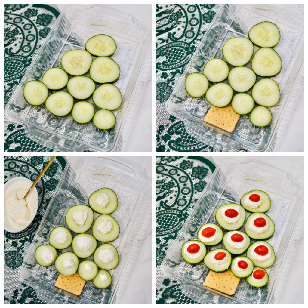 collage showing step-by-step instructions on how to make a Cucumber Christmas Tree Appetizer