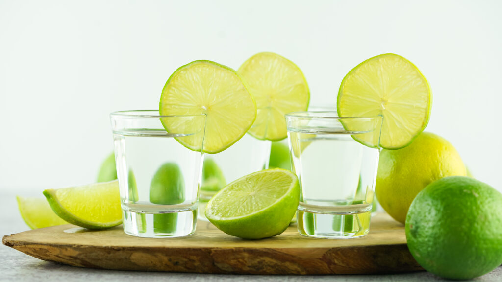 kamikaze shot glasses with limes on wooden serving tray