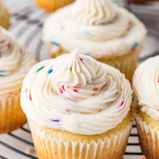side view of cupcake frosted with funfetti buttercream